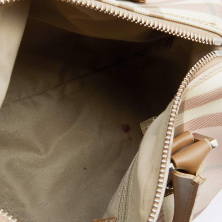 Pre Owned Burberry Pink/Beige House Check PVC and Leather Small Boston Bag