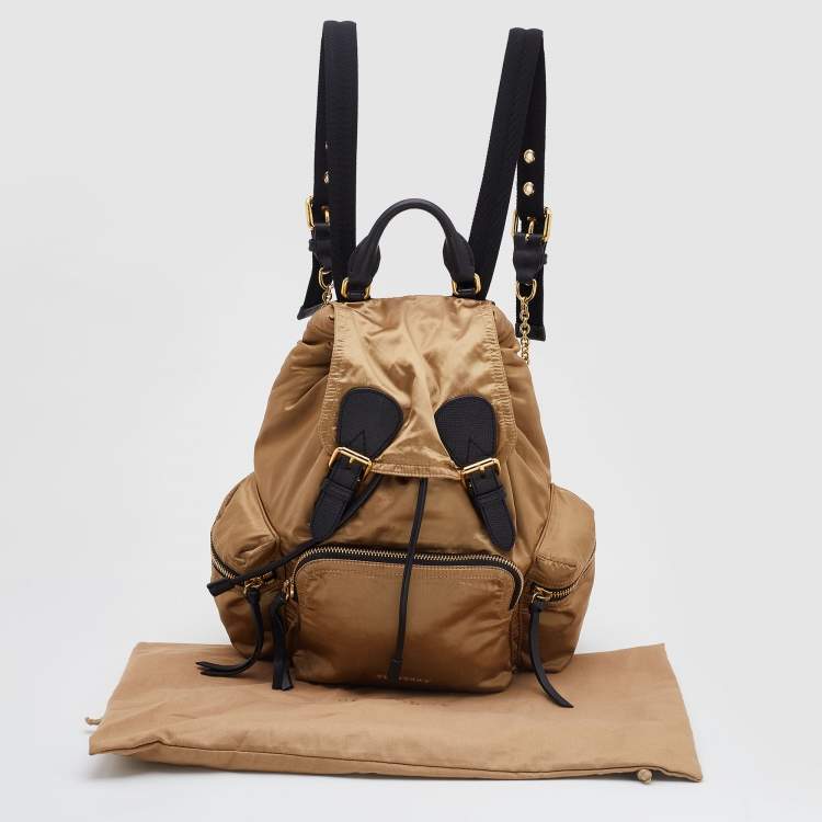 Pre Owned Burberry Gold/Black Nylon and Leather Rucksack Backpack