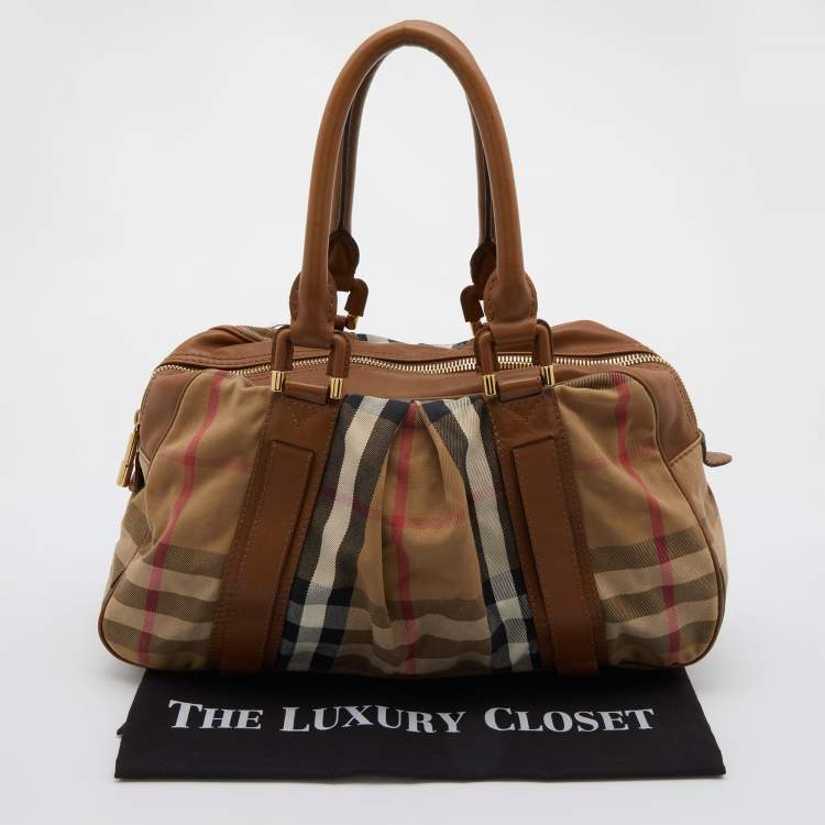 Pre Owned Burberry Beige House Check Canvas and Leather Ashbury Knight Bag