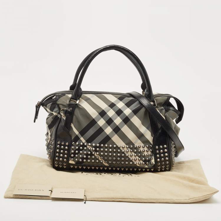 Pre Owned Burberry Black Nova Check Nylon and Leather Studded Satchel
