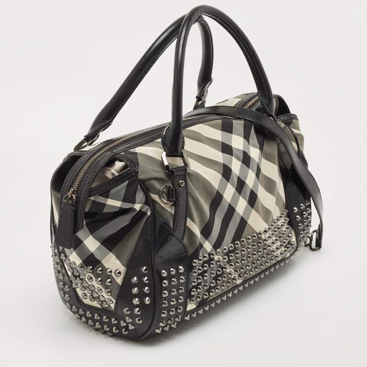 Pre Owned Burberry Black Nova Check Nylon and Leather Studded Satchel