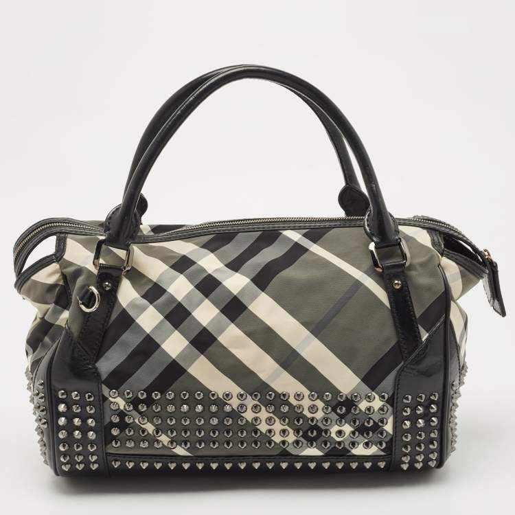 Pre Owned Burberry Black Nova Check Nylon and Leather Studded Satchel