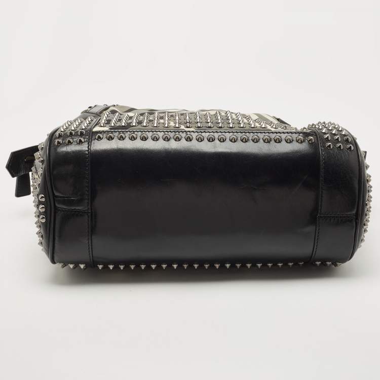 Pre Owned Burberry Black Nova Check Nylon and Leather Studded Satchel