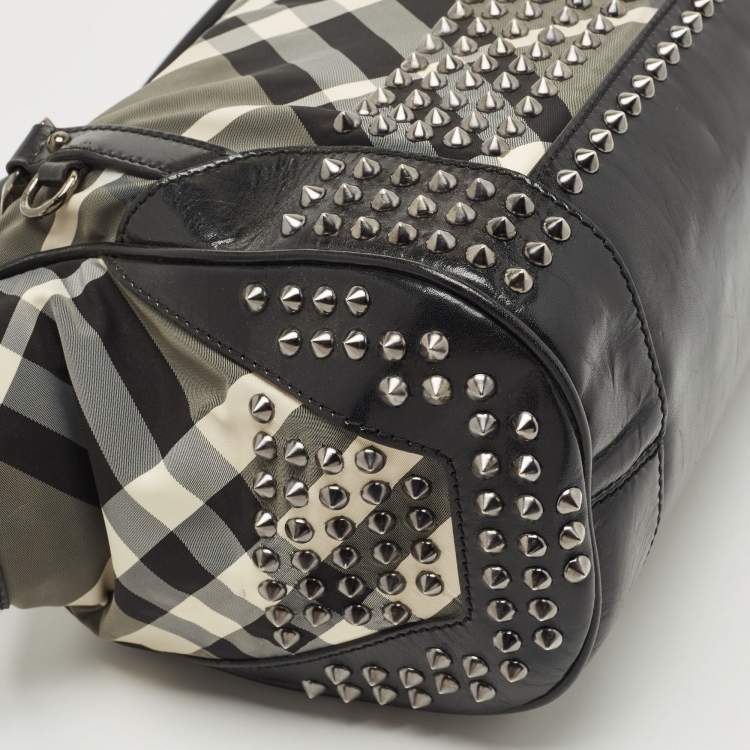 Pre Owned Burberry Black Nova Check Nylon and Leather Studded Satchel