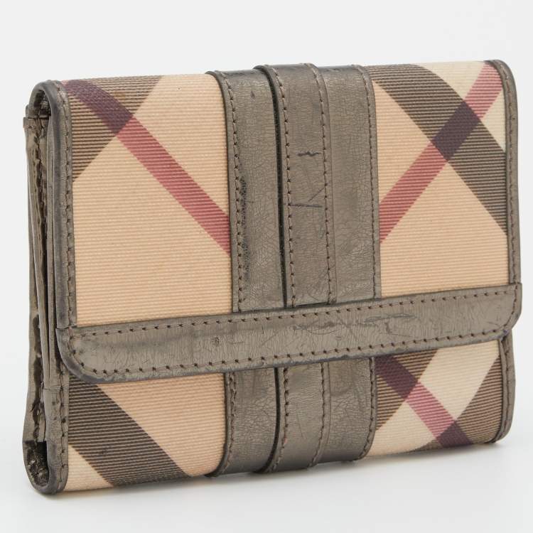 Pre Owned Burberry Metallic/Beige Nova Check PVC and Patent Leather French Wallet