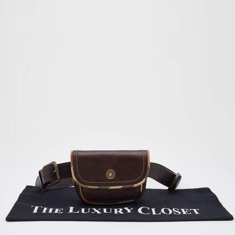 Pre Owned Burberry Brown Leather and Canvas Vintage Belt Bag