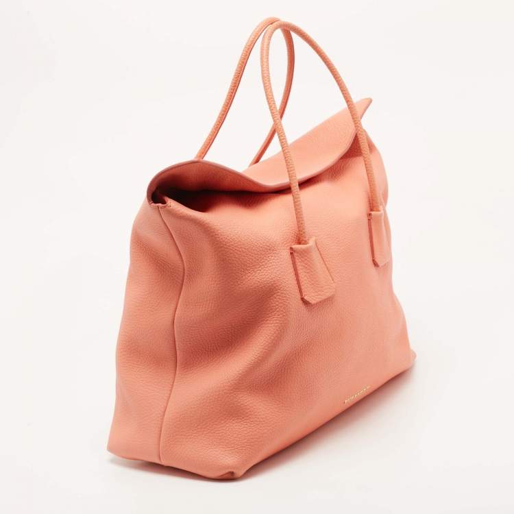 Pre Owned Burberry Peach Grained Leather Tote