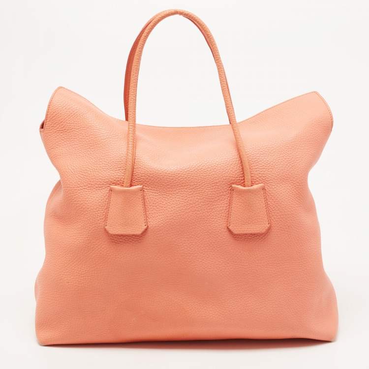 Pre Owned Burberry Peach Grained Leather Tote