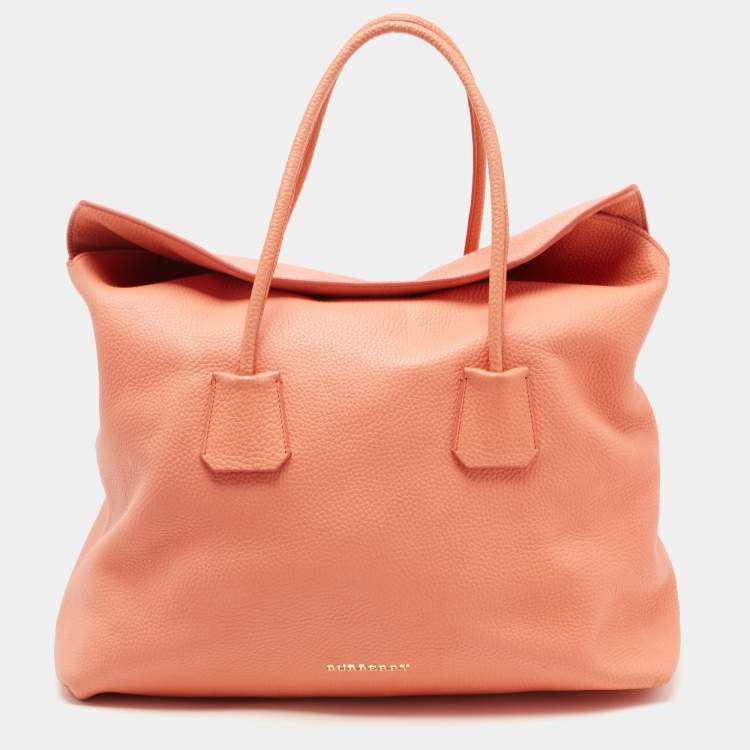 Pre Owned Burberry Peach Grained Leather Tote