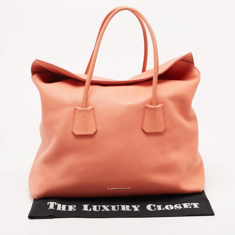 Pre Owned Burberry Peach Grained Leather Tote