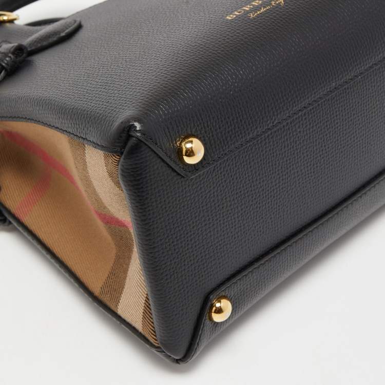 Pre Owned Burberry Black/Beige Leather and House Check Fabric Baby Banner Tote