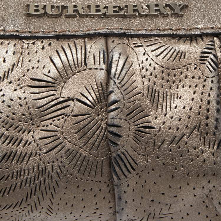 Pre Owned Burberry Metallic Perforated Floral Leather Wristlet Pouch