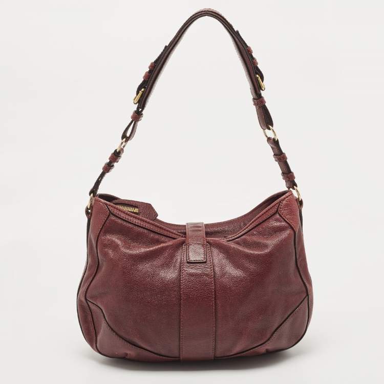 Pre Owned Burberry Burgundy Textured Leather Bartow Hobo