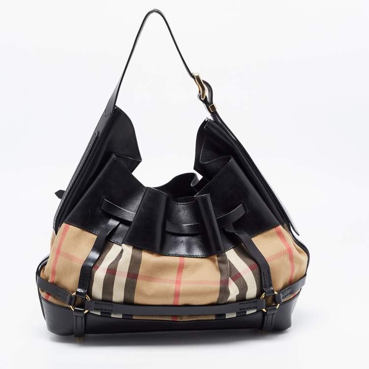 Pre Owned Burberry Black/Beige House Check Canvas and Leather Bridle Hobo