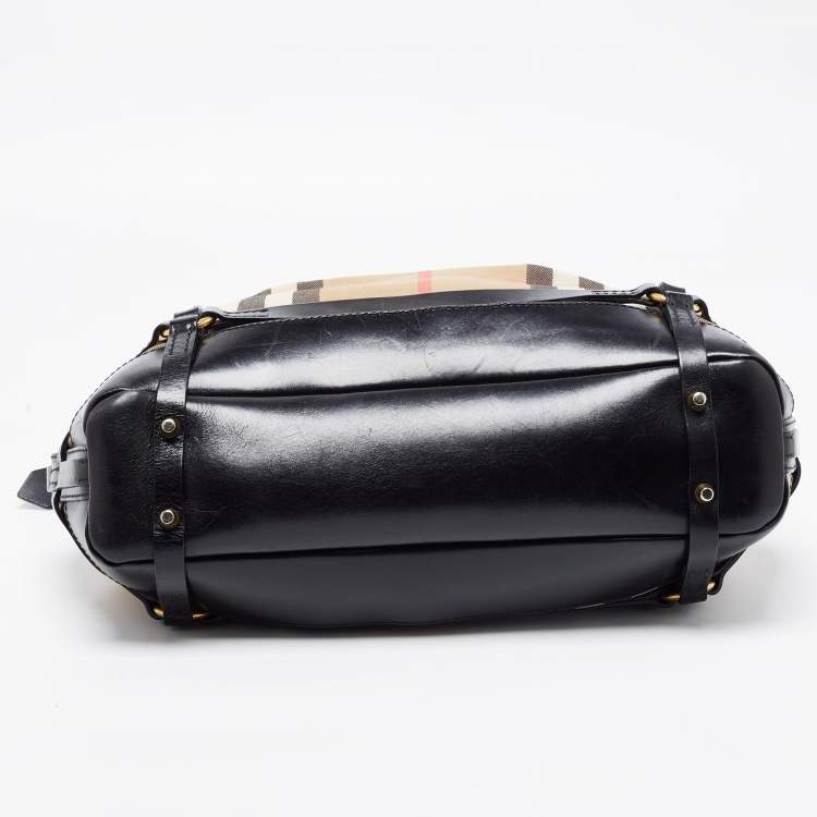 Pre Owned Burberry Black/Beige House Check Canvas and Leather Bridle Hobo