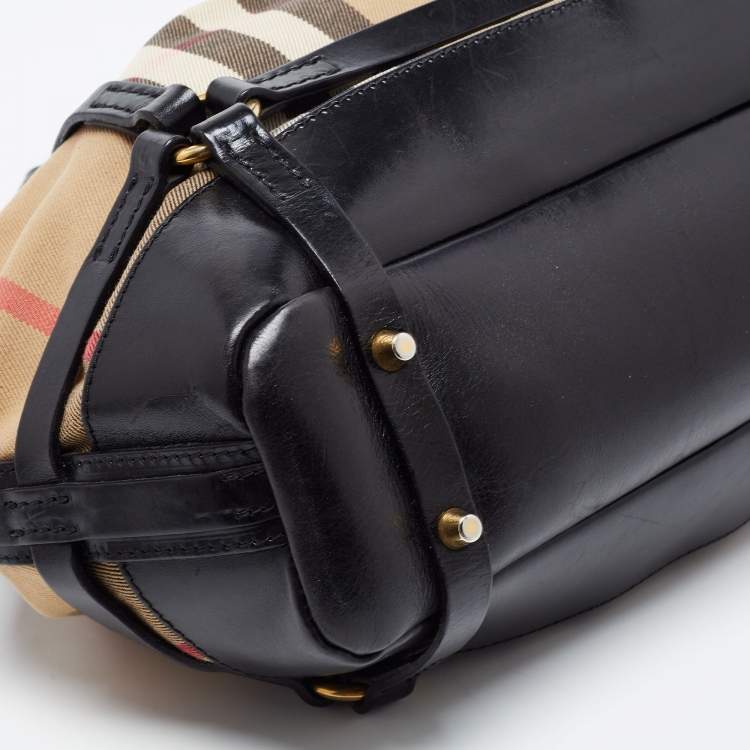 Pre Owned Burberry Black/Beige House Check Canvas and Leather Bridle Hobo
