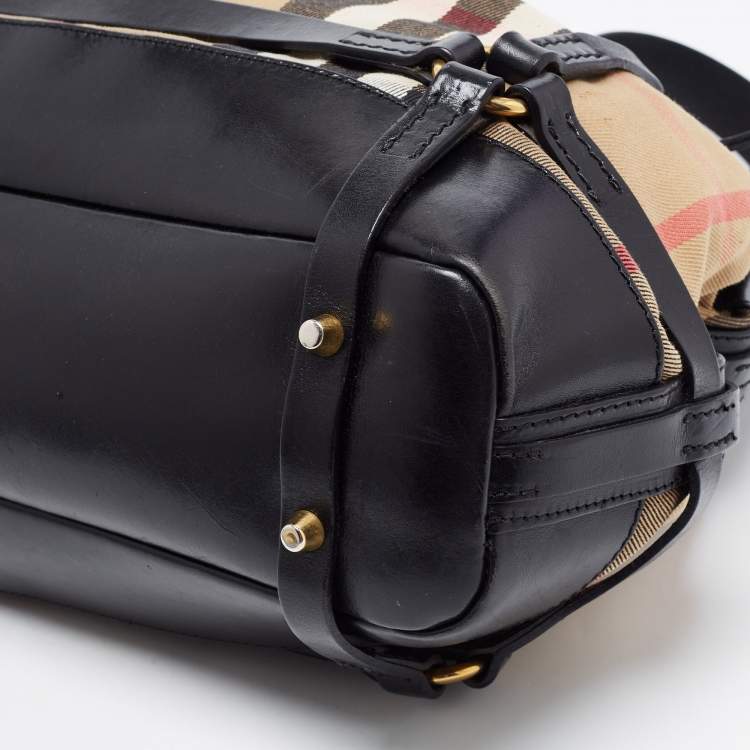 Pre Owned Burberry Black/Beige House Check Canvas and Leather Bridle Hobo