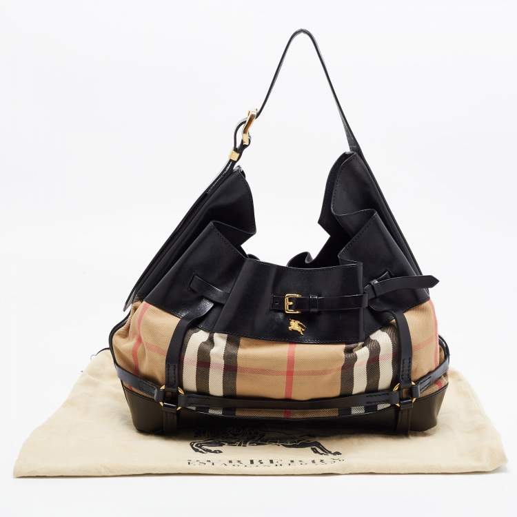 Pre Owned Burberry Black/Beige House Check Canvas and Leather Bridle Hobo
