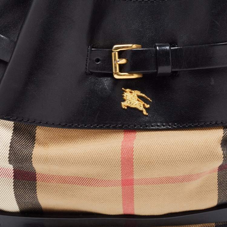 Pre Owned Burberry Black/Beige House Check Canvas and Leather Bridle Hobo