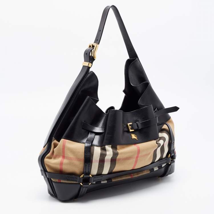 Pre Owned Burberry Black/Beige House Check Canvas and Leather Bridle Hobo