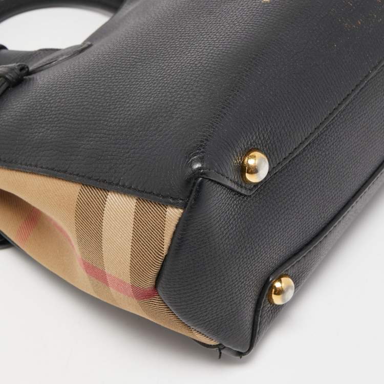 Pre Owned Burberry Black Leather and House Check Fabric Small Banner Tote