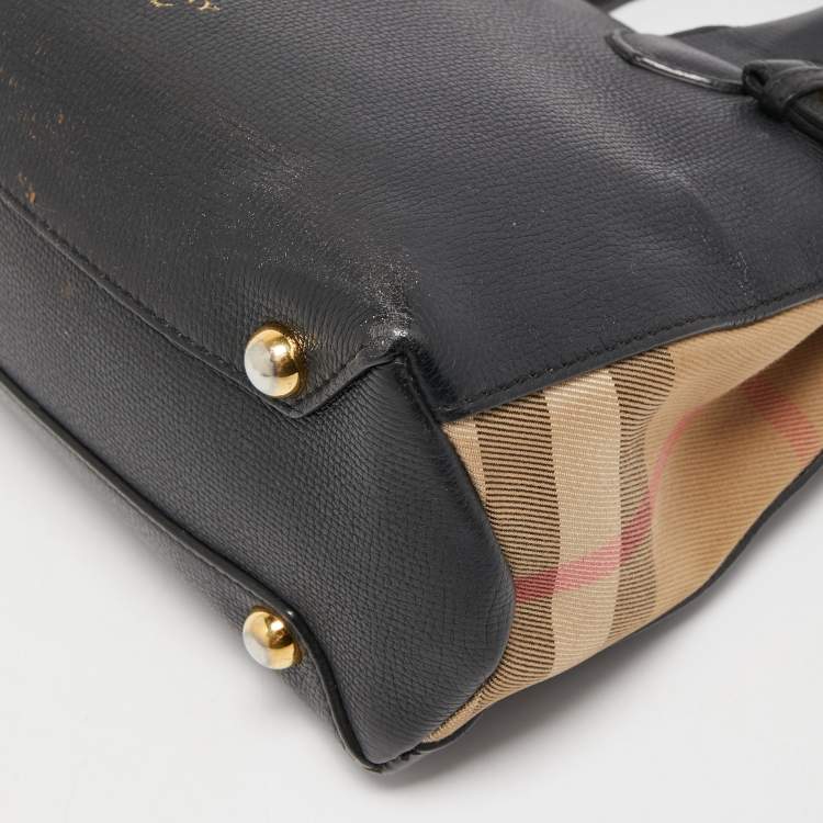 Pre Owned Burberry Black Leather and House Check Fabric Small Banner Tote