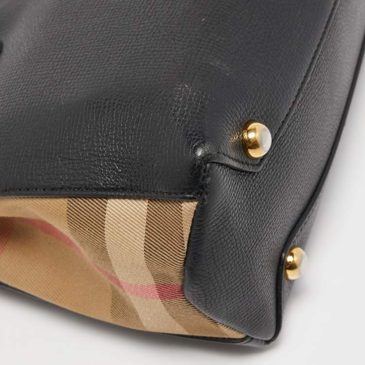 Pre Owned Burberry Black Leather and House Check Fabric Small Banner Tote