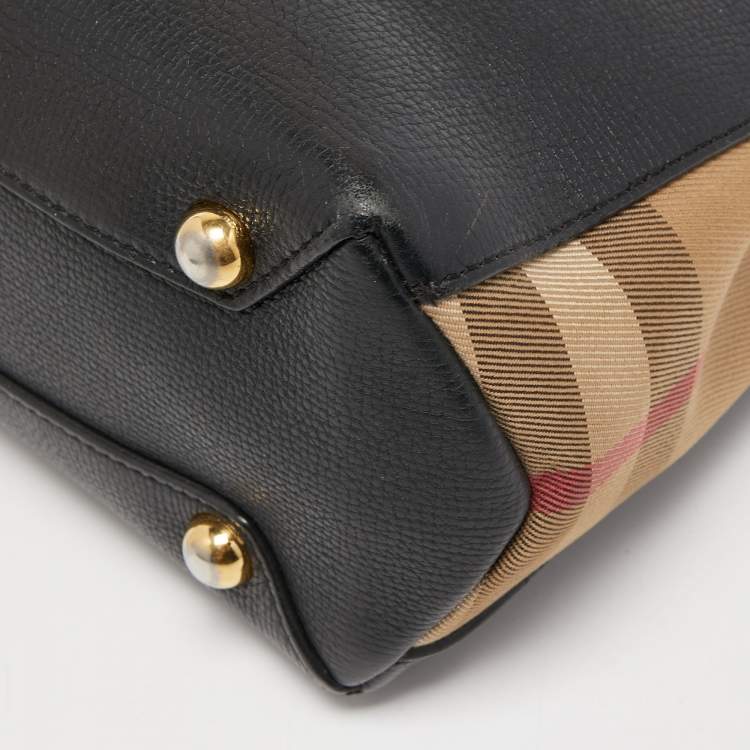 Pre Owned Burberry Black Leather and House Check Fabric Small Banner Tote