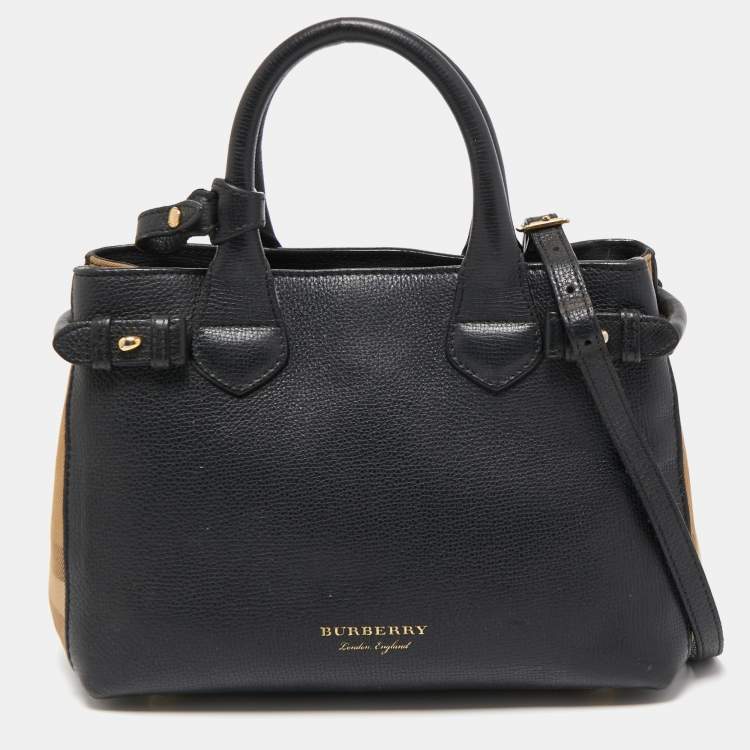 Burberry Black Leather and House Check Fabric Small Banner Tote
