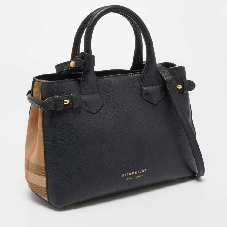 Pre Owned Burberry Black Leather and House Check Fabric Small Banner Tote