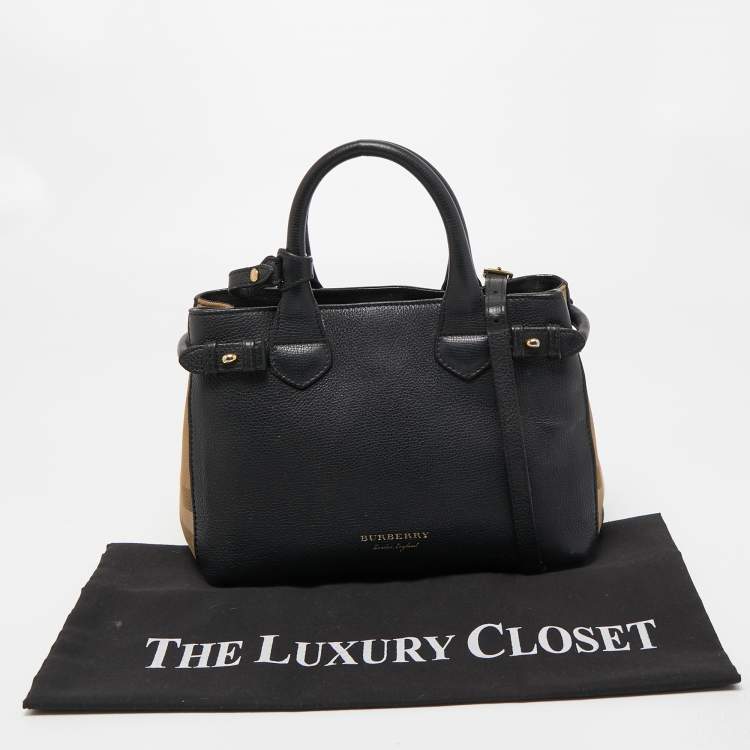 Pre Owned Burberry Black Leather and House Check Fabric Small Banner Tote