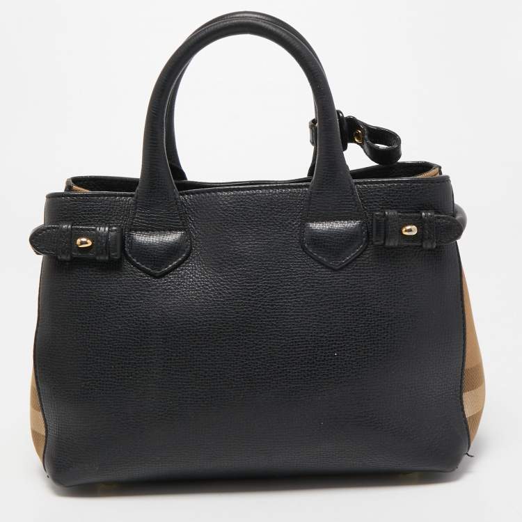 Pre Owned Burberry Black Leather and House Check Fabric Small Banner Tote