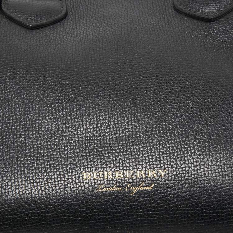 Pre Owned Burberry Black Leather and House Check Fabric Small Banner Tote