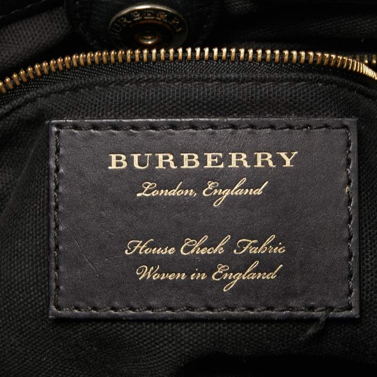 Pre Owned Burberry Black Leather and House Check Fabric Small Banner Tote