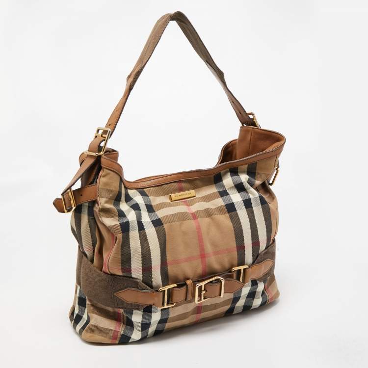 Pre Owned Burberry Beige House Check Canvas and Leather Large Parsons Hobo