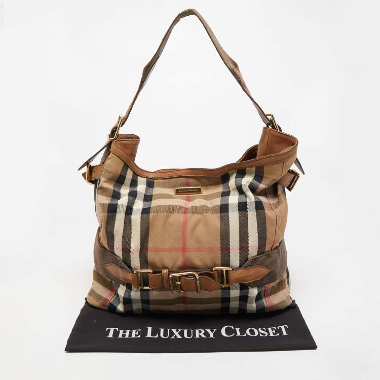 Pre Owned Burberry Beige House Check Canvas and Leather Large Parsons Hobo