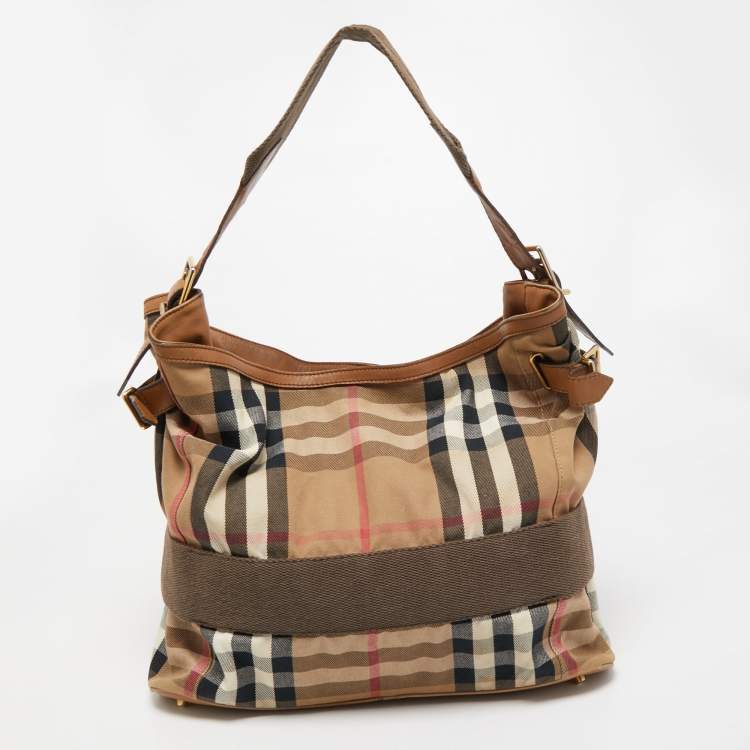 Pre Owned Burberry Beige House Check Canvas and Leather Large Parsons Hobo