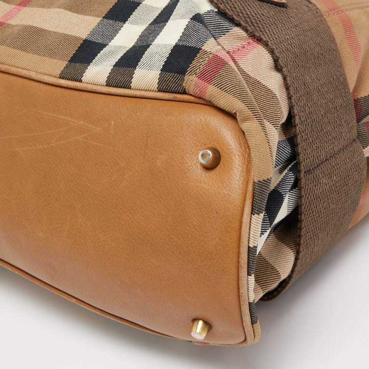 Pre Owned Burberry Beige House Check Canvas and Leather Large Parsons Hobo