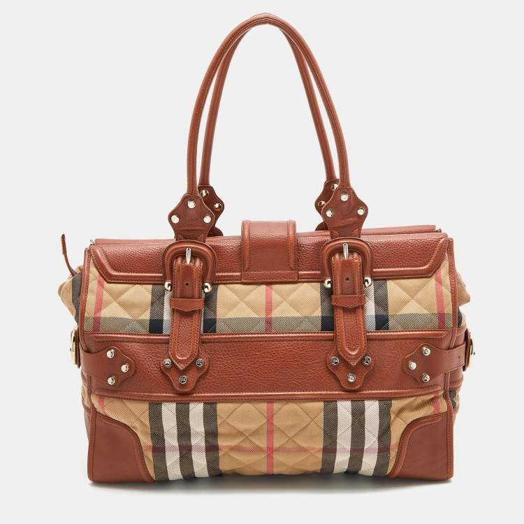 Pre Owned Burberry Beige/Tan Quilted Nova Check Canvas and Leather Manor Bag