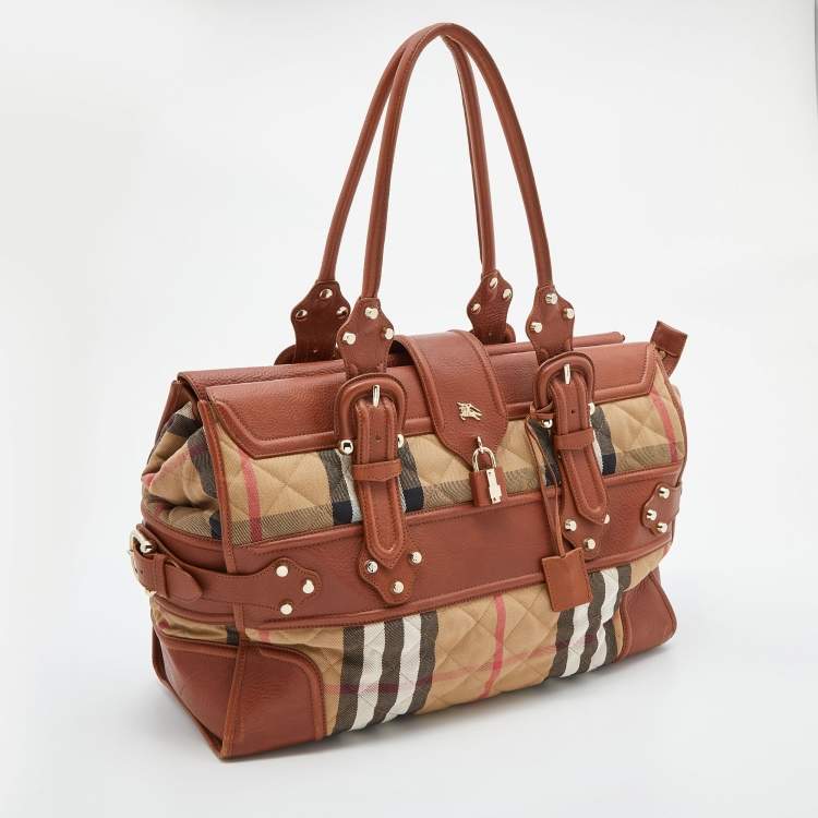 Pre Owned Burberry Beige/Tan Quilted Nova Check Canvas and Leather Manor Bag