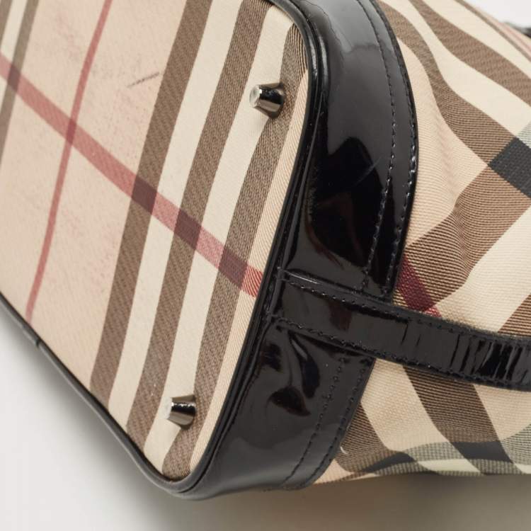 Pre Owned Burberry Black/Beige Nova Check PVC and Patent Leather Eden Tote