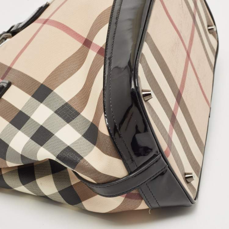 Pre Owned Burberry Black/Beige Nova Check PVC and Patent Leather Eden Tote