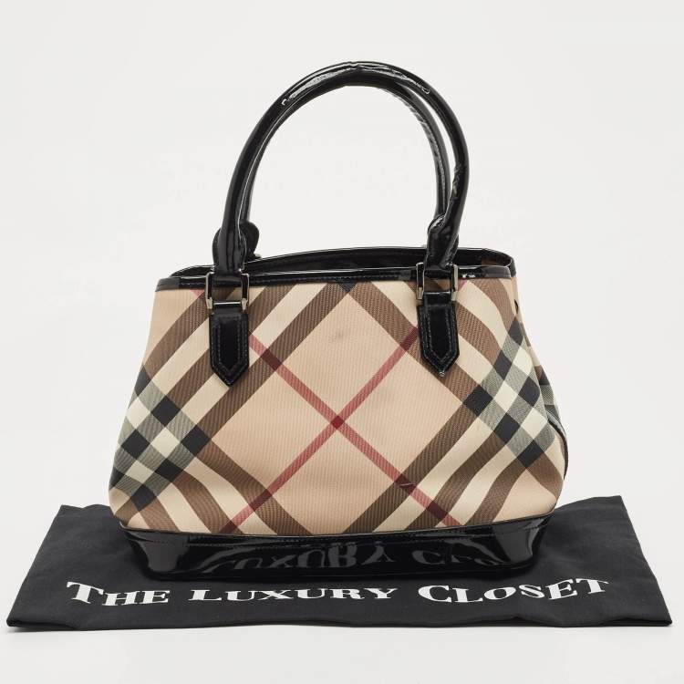 Pre Owned Burberry Black/Beige Nova Check PVC and Patent Leather Eden Tote