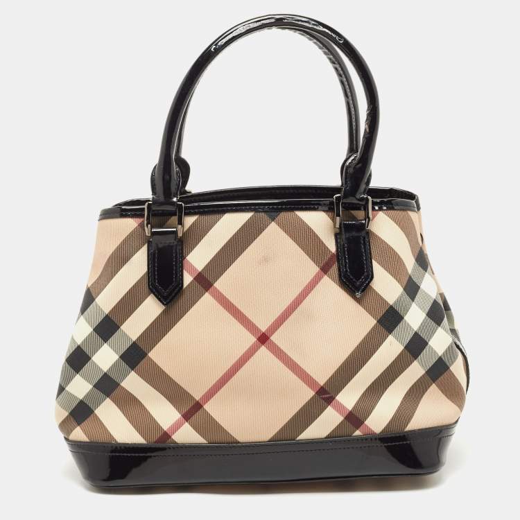 Pre Owned Burberry Black/Beige Nova Check PVC and Patent Leather Eden Tote