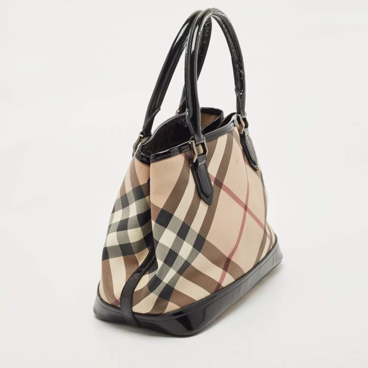 Pre Owned Burberry Black/Beige Nova Check PVC and Patent Leather Eden Tote