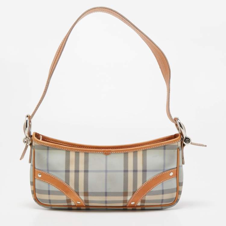Pre Owned Burberry Tan/ Light Blue House Check PVC and Leather Baguette Bag