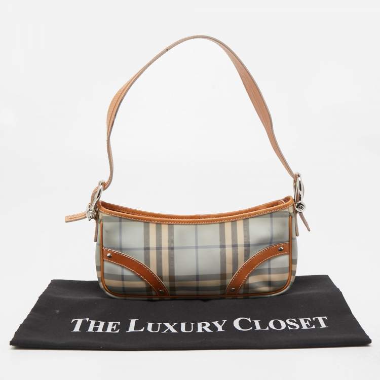 Pre Owned Burberry Tan/ Light Blue House Check PVC and Leather Baguette Bag