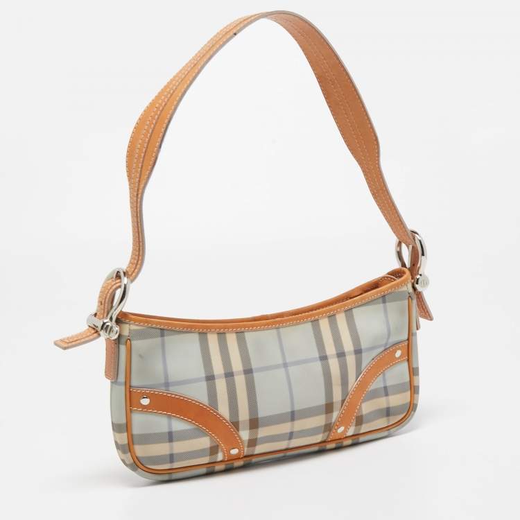 Pre Owned Burberry Tan/ Light Blue House Check PVC and Leather Baguette Bag