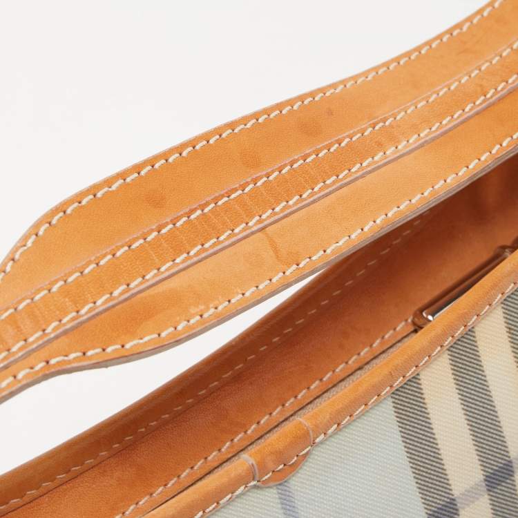 Pre Owned Burberry Tan/ Light Blue House Check PVC and Leather Baguette Bag