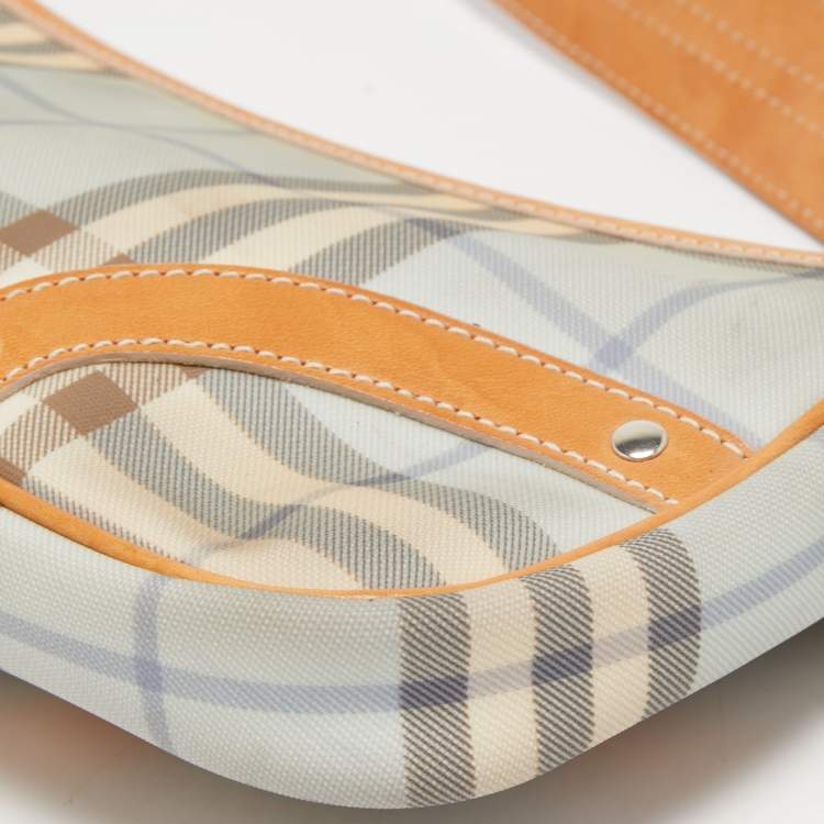 Pre Owned Burberry Tan/ Light Blue House Check PVC and Leather Baguette Bag